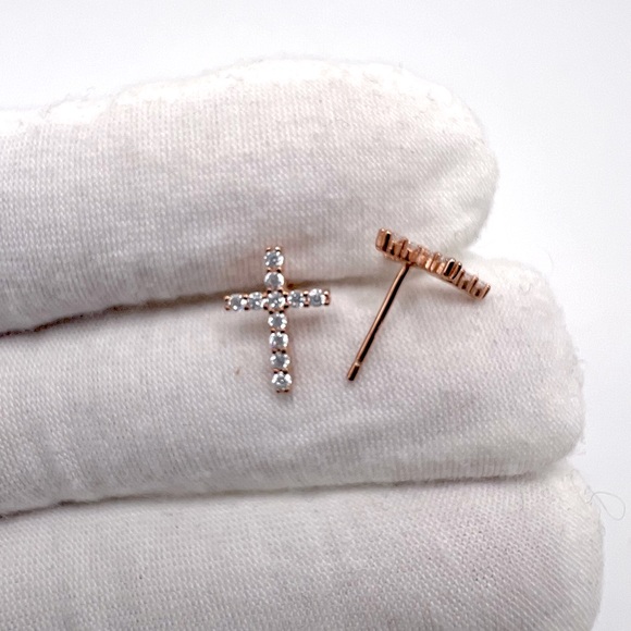 Rose GP/Sterling Silver Cz Cross Post Earrings - Picture 4 of 16